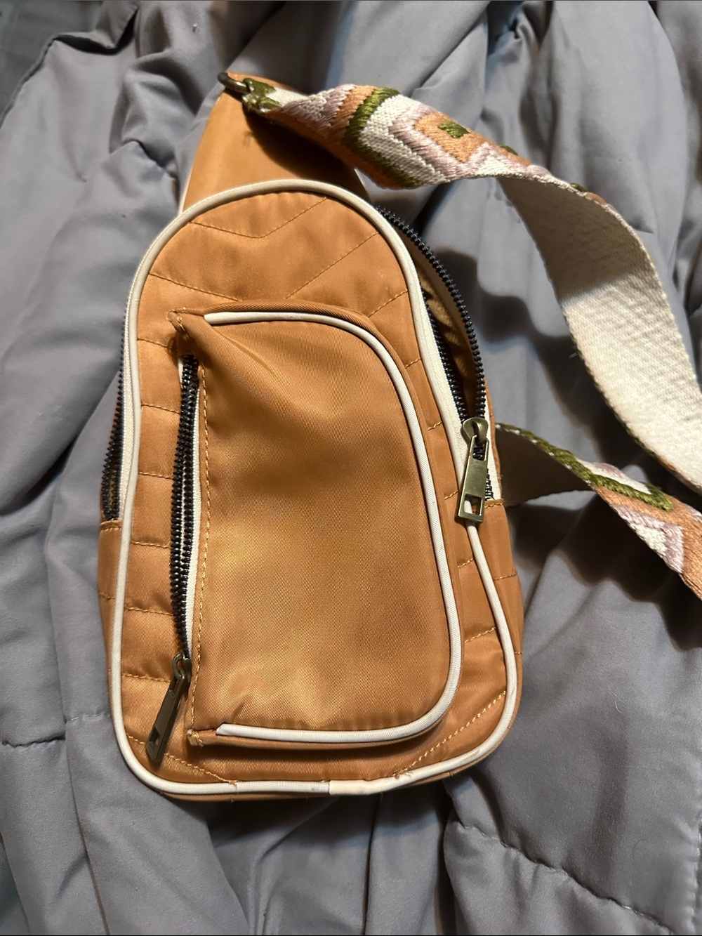 Tan Crossbody Sling Bag with Patterned Strap